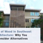 Composite siding facade of a resort with text Downside of Wood in Southeast Asian Architecture