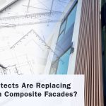 Modern building with vertical composite cladding and architectural plans with overlay text: “Why Architects Are Replacing Wood with Composite Facades?”