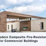 Brown European establishment facade with overlay text: “Rise of Modern Composite Fire-Resistant Cladding for Commercial Buildings”