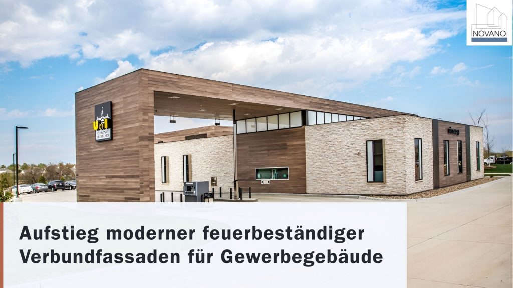 Braune europäische Gebäude­fassade mit Overlay-Text: „Aufstieg moderner feuerbeständiger Verbundfassaden für Geschäftsgebäude“