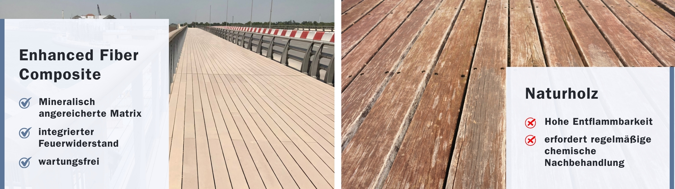 Vergleich zwischen Enhanced Fiber Composite und Naturholz. Erfahren Sie mehr über integrierten Brandschutz, geringen Wartungsaufwand und überlegene Langlebigkeit für Terrassen und Fassaden.
