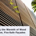 Premium wood-look composite facade with fire-safe exterior cladding designed for modern commercial architecture.