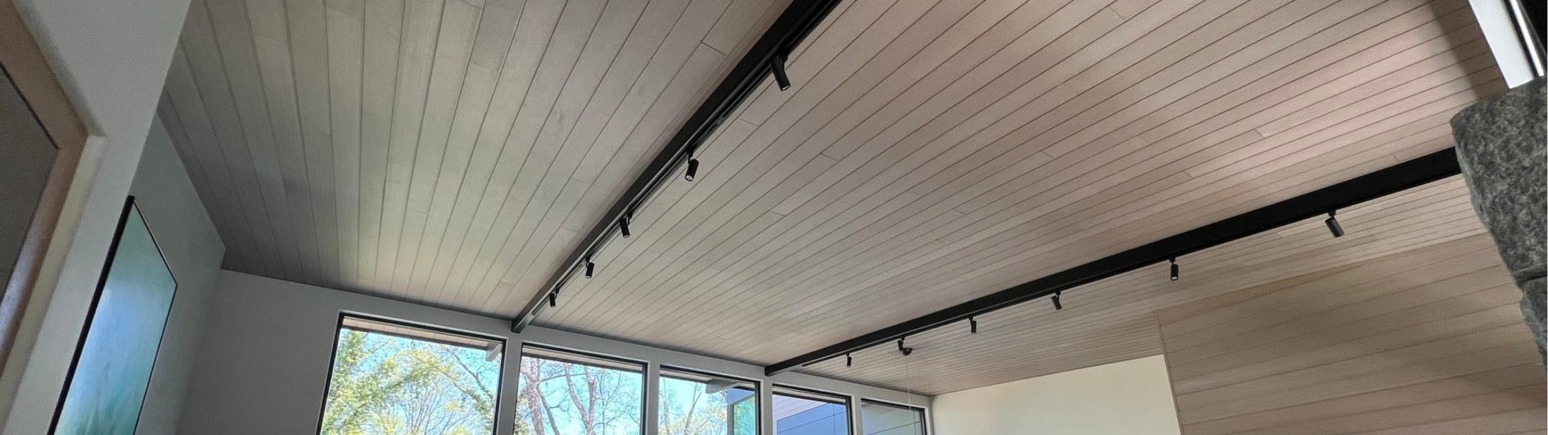 Interior composite ceiling with natural wood-inspired finish, integrated track lighting, and contemporary architectural detailing