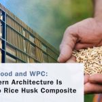 Modern architectural facade and natural rice husk fibers showcasing sustainable rice husk composite building materials for exterior applications.